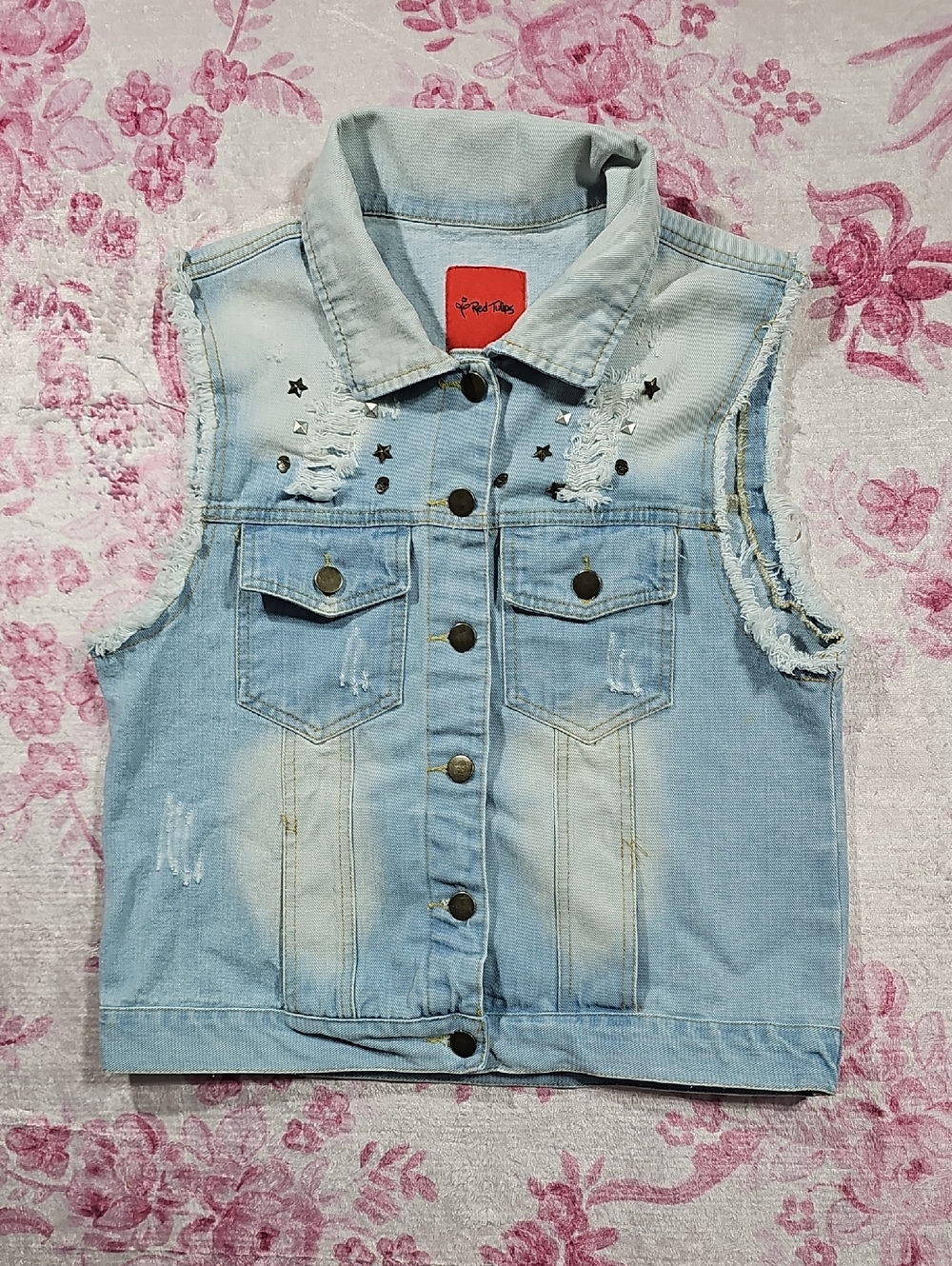 Red Tulips Girls' Light‎ Blue Distressed Denim Vest with Skull and Star Studs